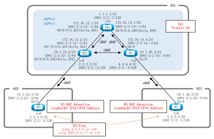 Dynamips/Dynagenを使用して、BGP(IOS-XRv)を構成します。AS1, AS2, AS3を作成し、AS2-AS1-AS3のように接続します。AS1をトランジットASとして構成し、AS2-AS3間で疎通可能としAS1内はIOS-XRvを使用して構成します。