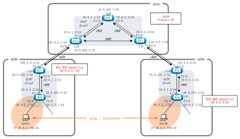 Dynamips/Dynagenを使用してBGPによるトランジットASを構成します。AS10, AS20, AS30を作成し、AS20-AS10-AS30のように接続します。AS10をトランジットASとして、AS20とAS30の間で疎通可能となるように構成します。