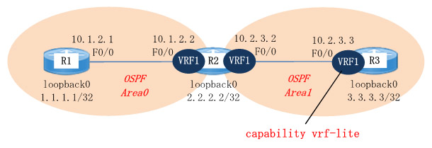 VRFでOSPFを有効にしているが、受信したルートがルーティングテーブルに反映されない場合に capability vrf-lite を指定する。